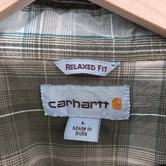 Carhartt Relaxed fit short sleeved button up shirt brown plaid workwear L men's - Picture 7 of 8